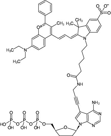 Structural formula of 7-Propargylamino-7-deaza-ddATP-DYQ-660 (7-Deaza-7-propargylamino-2',3'-dideoxyadenosine-5'-triphosphate, labeled with DYQ 660, Triethylammonium salt)