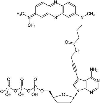 Structural formula of 7-Propargylamino-7-deaza-ddATP-ATTO-MB2 (7-Deaza-7-propargylamino-2',3'-dideoxyadenosine-5'-triphosphate, labeled with ATTO-MB2, Triethylammonium salt)