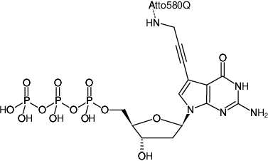 Structural formula of 7-Propargylamino-7-deaza-dGTP-ATTO-580Q (7-Deaza-7-propargylamino-2'-deoxyguanosine-5'-triphosphate, labeled with ATTO 580Q, Triethylammonium salt)