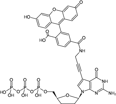 Structural formula of 7-Propargylamino-7-deaza-ddGTP-6-FAM (7-Deaza-7-propargylamino-2',3'-dideoxyguanosine-5'-triphosphate, labeled with 6 FAM, Triethylammonium salt)