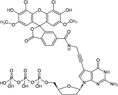 Structural formula of 7-Propargylamino-7-deaza-ddGTP-6-JOE (7-Deaza-7-propargylamino-2',3'-dideoxyguanosine-5'-triphosphate, labeled with 6 JOE, Triethylammonium salt)