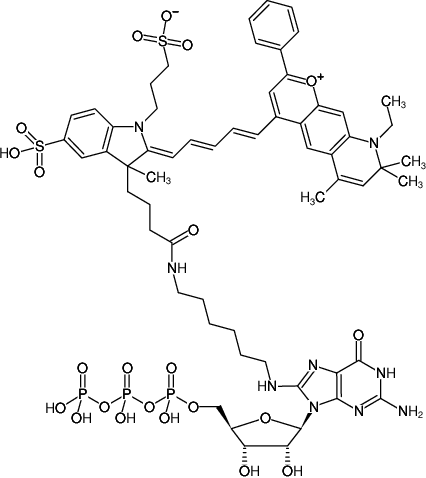 Structural formula of 8-(6-Aminohexyl)-amino-GTP-DY-776 (8-(6-Aminohexyl)-amino-guanosine-5'-triphosphate, labeled with DY 776, Triethylammonium salt)
