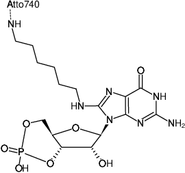 Structural formula of 8-(6-Aminohexyl)-amino-cGMP-ATTO-740 (8-(6-Aminohexyl)-amino-guanosine-3',5'-cyclic monophosphate, labeled with ATTO 740, Triethylammonium salt)