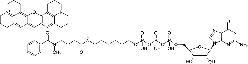 Structural formula of γ-(6-Aminohexyl)-GTP-ATTO-Rho101 (γ-(6-Aminohexyl)-guanosine-5'-triphosphate, labeled with ATTO Rho101, Triethylammonium salt)
