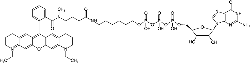 Structural formula of γ-(6-Aminohexyl)-GTP-ATTO-Rho11 (γ-(6-Aminohexyl)-guanosine-5'-triphosphate, labeled with ATTO Rho11, Triethylammonium salt)