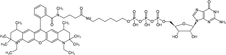 Structural formula of γ-(6-Aminohexyl)-GTP-ATTO-Rho12 (γ-(6-Aminohexyl)-guanosine-5'-triphosphate, labeled with ATTO Rho12, Triethylammonium salt)