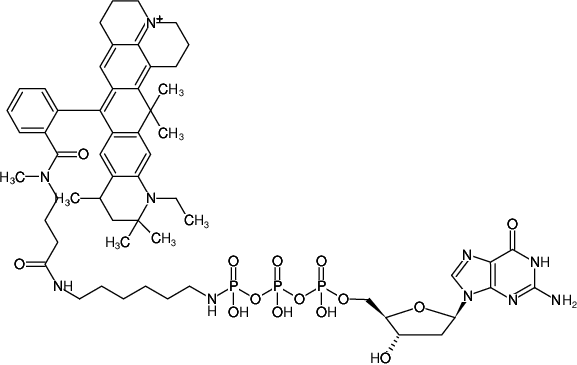 Structural formula of γ-[(6-Aminohexyl)-imido]-dGTP-ATTO-647N (γ-[(6-Aminohexyl)-imido]-2'-deoxyguanosine-5'-triphosphate, labeled with ATTO-647N, Triethylammonium salt)