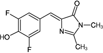 Structural formula of DFHBI (Mimic of green fluorescent protein (GFP) fluorophore, (5Z)-5-[(3,5-Difluoro-4-hydroxyphenyl)methylene]-3,5-dihydro-2,3-dimethyl-4H-imidazol-4-one)