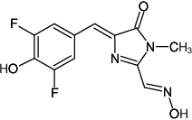 Structural formula of DFHO (Mimic of red fluorescent protein (RFP) fluorophore, 4-(3,5-Difluoro-4-hydroxybenzylidene)-1-methyl-5-oxo-4,5-dihydro-1H-imidazole-2-carbaldehyde oxime)