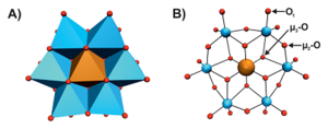 Polyhedral (A) and ball and stick (B) representation of [TeW6O24]6− with different coordination modes of the oxygen atoms in panel B.[1] Figure used by courtesy of Prof. Annette Rompel, University of Vienna.